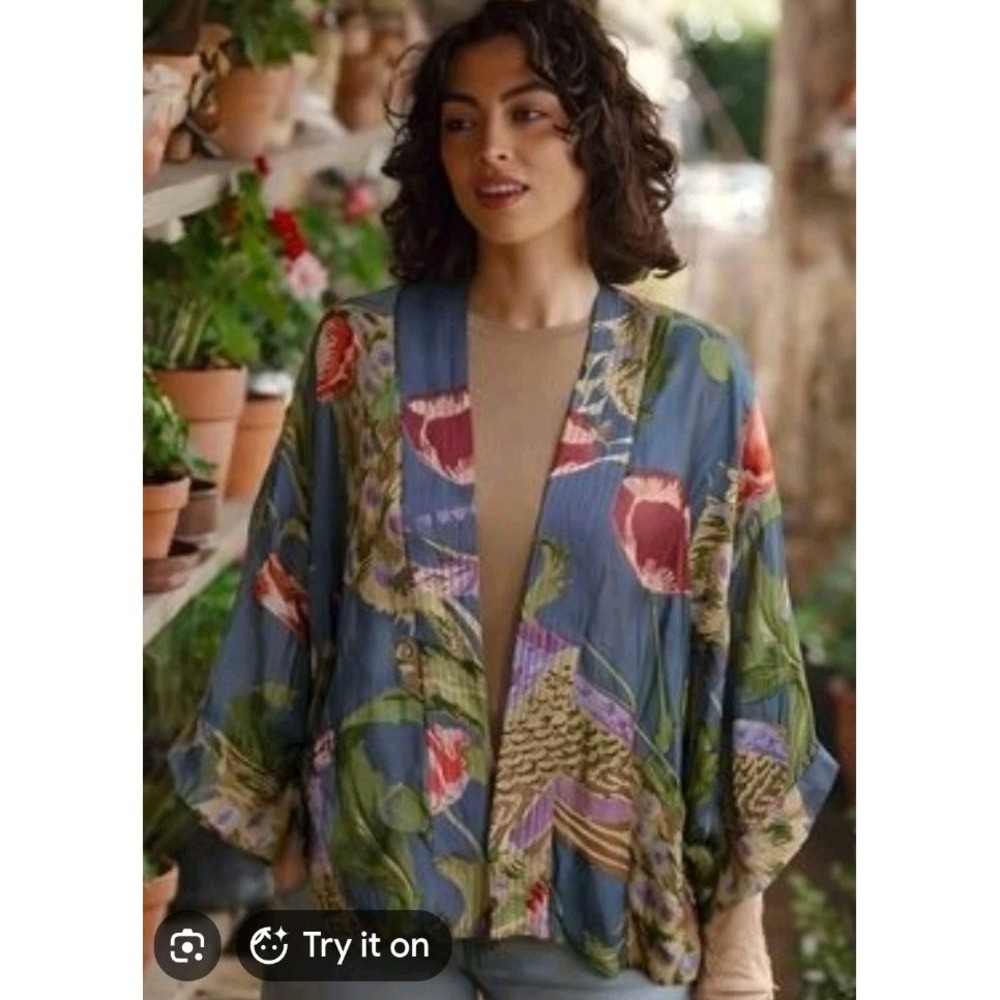 One Hundred Stars Peacock & Poppies Print‎ Kimono Chiffon Cardigan Bird One Size